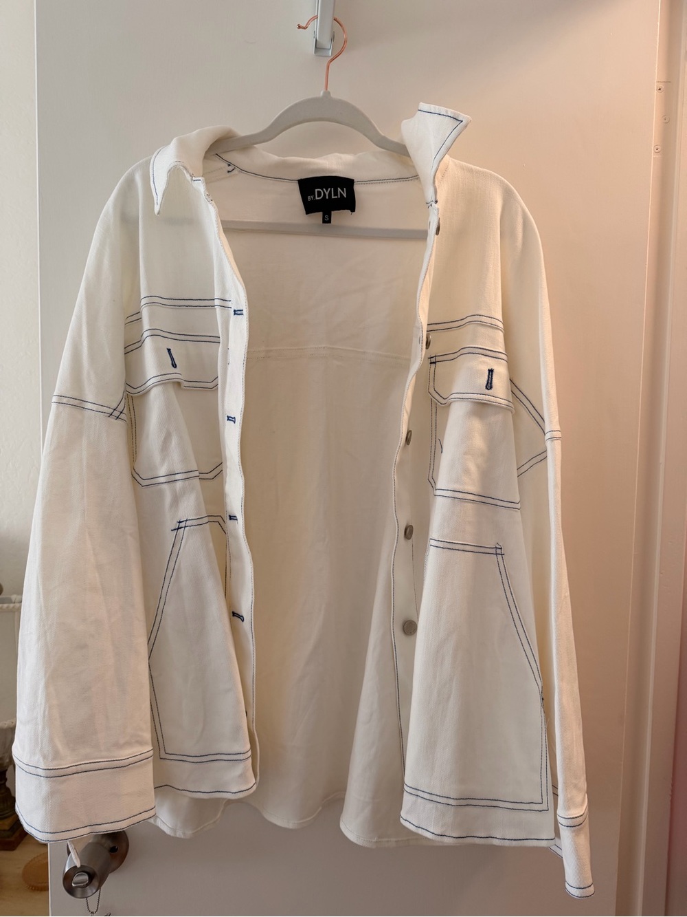 White Lightweight Shirt Jacket with Contrast Stitching